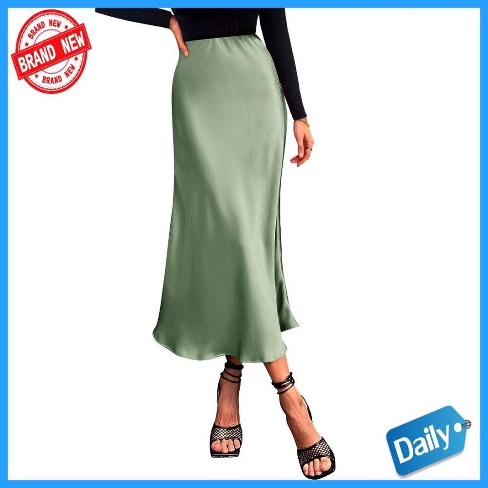 Satin Midi Skirt High Waist Elastic Flowy A-Line Cocktail Wedding